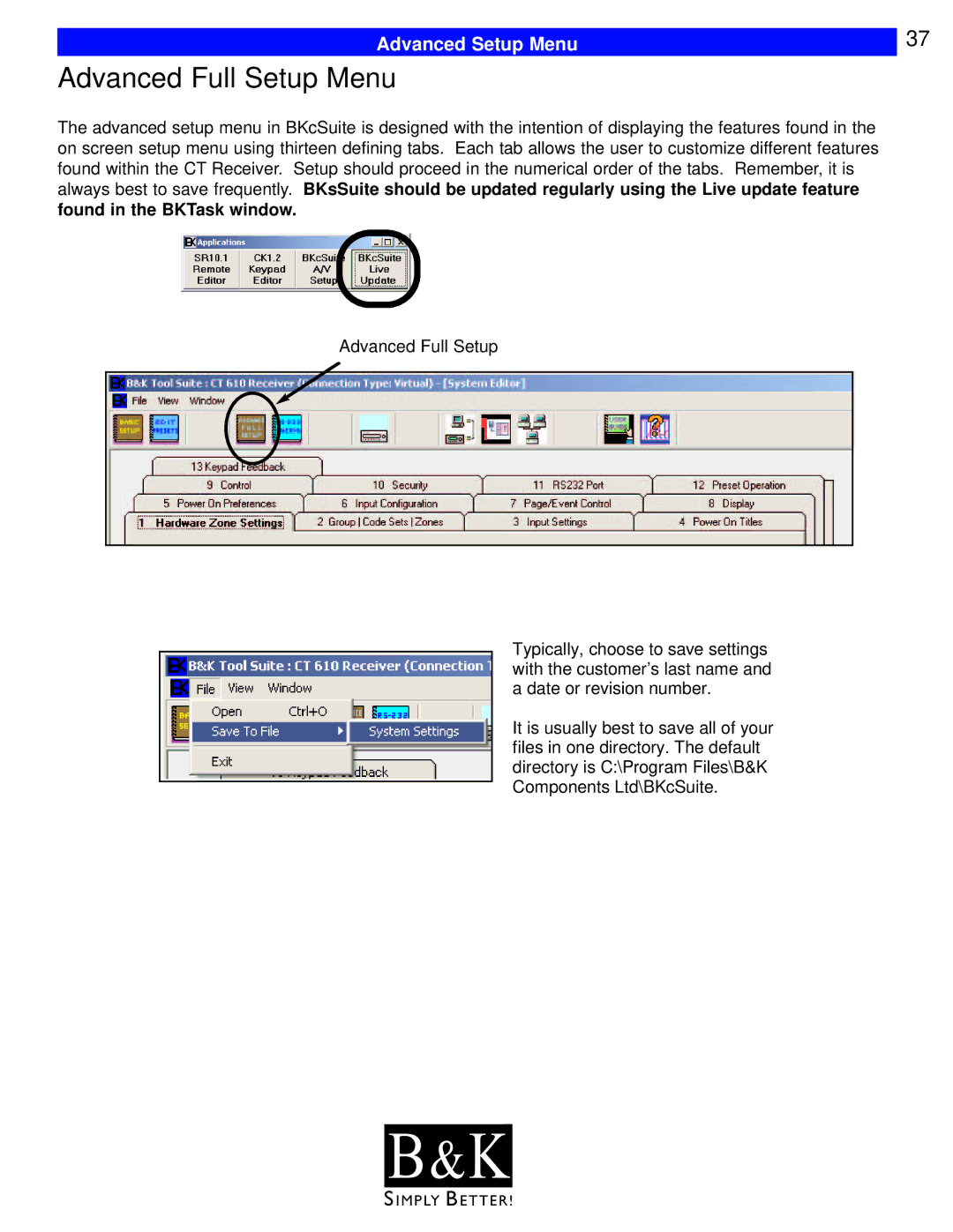 B&K CT602, CT600, CT310, CT610, CT300 user manual Advanced Full Setup Menu, Advanced Setup Menu 