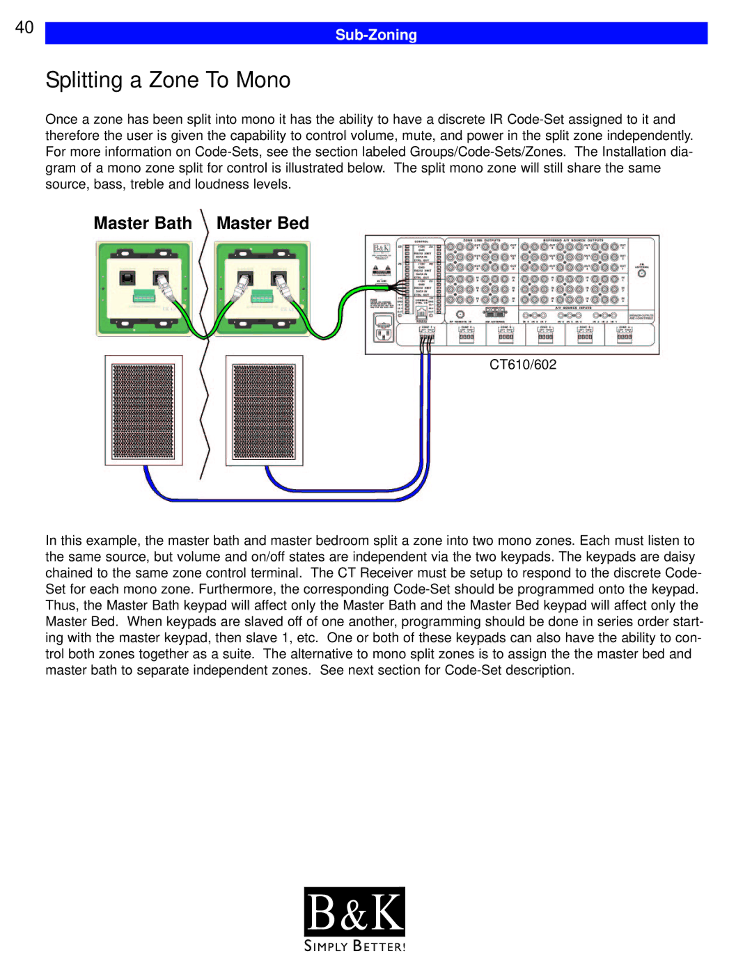 B&K CT300, CT600, CT602, CT310, CT610 user manual Splitting a Zone To Mono, Sub-Zoning 