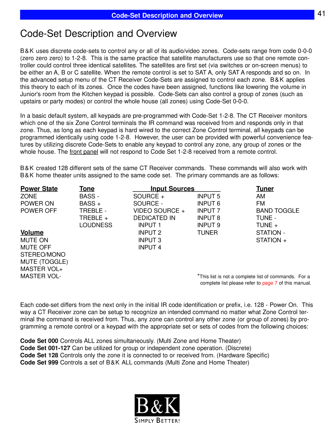 B&K CT600, CT602, CT310, CT610, CT300 user manual Code-Set Description and Overview 