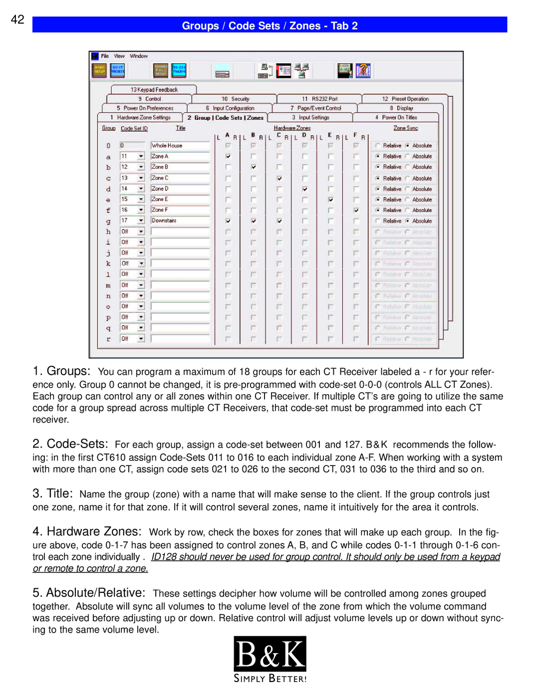 B&K CT602, CT600, CT310, CT610, CT300 user manual Groups / Code Sets / Zones Tab 