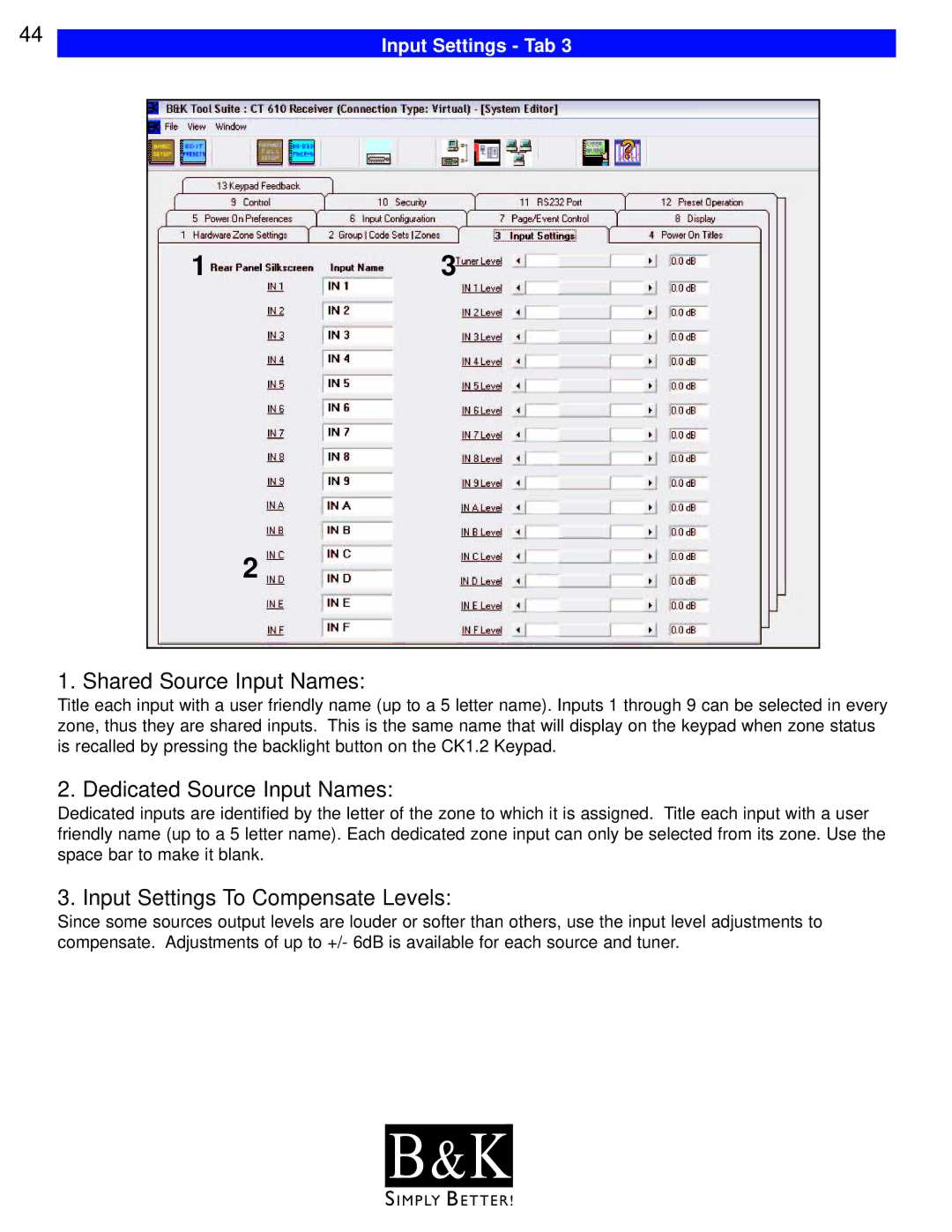 B&K CT610 Shared Source Input Names, Dedicated Source Input Names, Input Settings To Compensate Levels, Input Settings Tab 