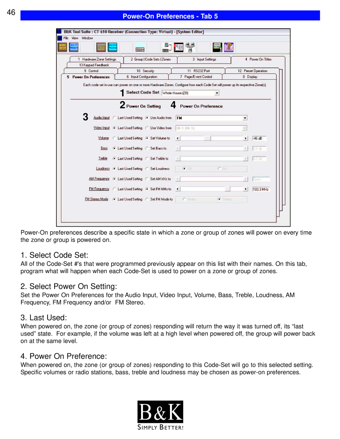 B&K CT600, CT602, CT310 Select Code Set, Select Power On Setting, Last Used, Power On Preference, Power-On Preferences Tab 