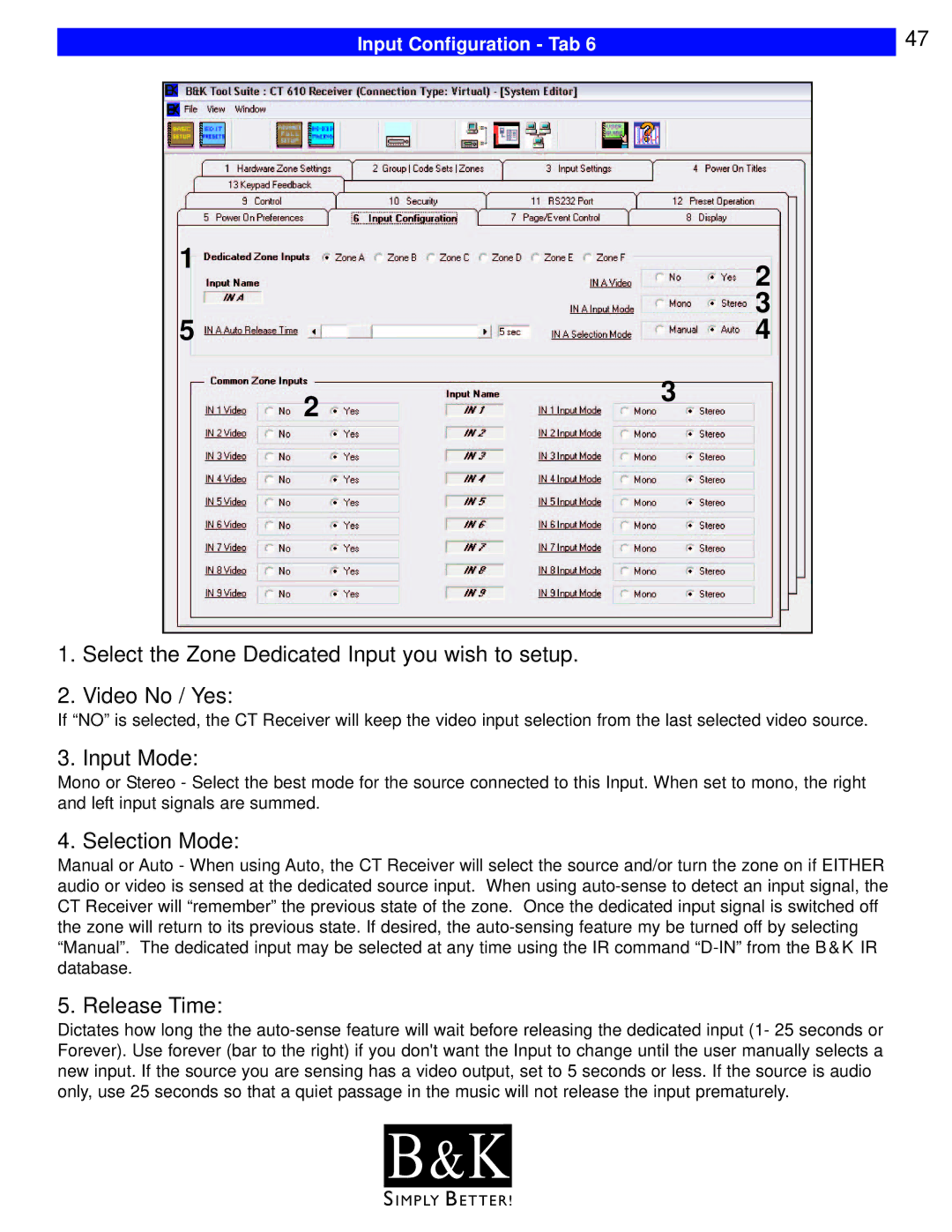 B&K CT602, CT600, CT310, CT610, CT300 user manual Input Mode, Selection Mode, Release Time, Input Configuration Tab 