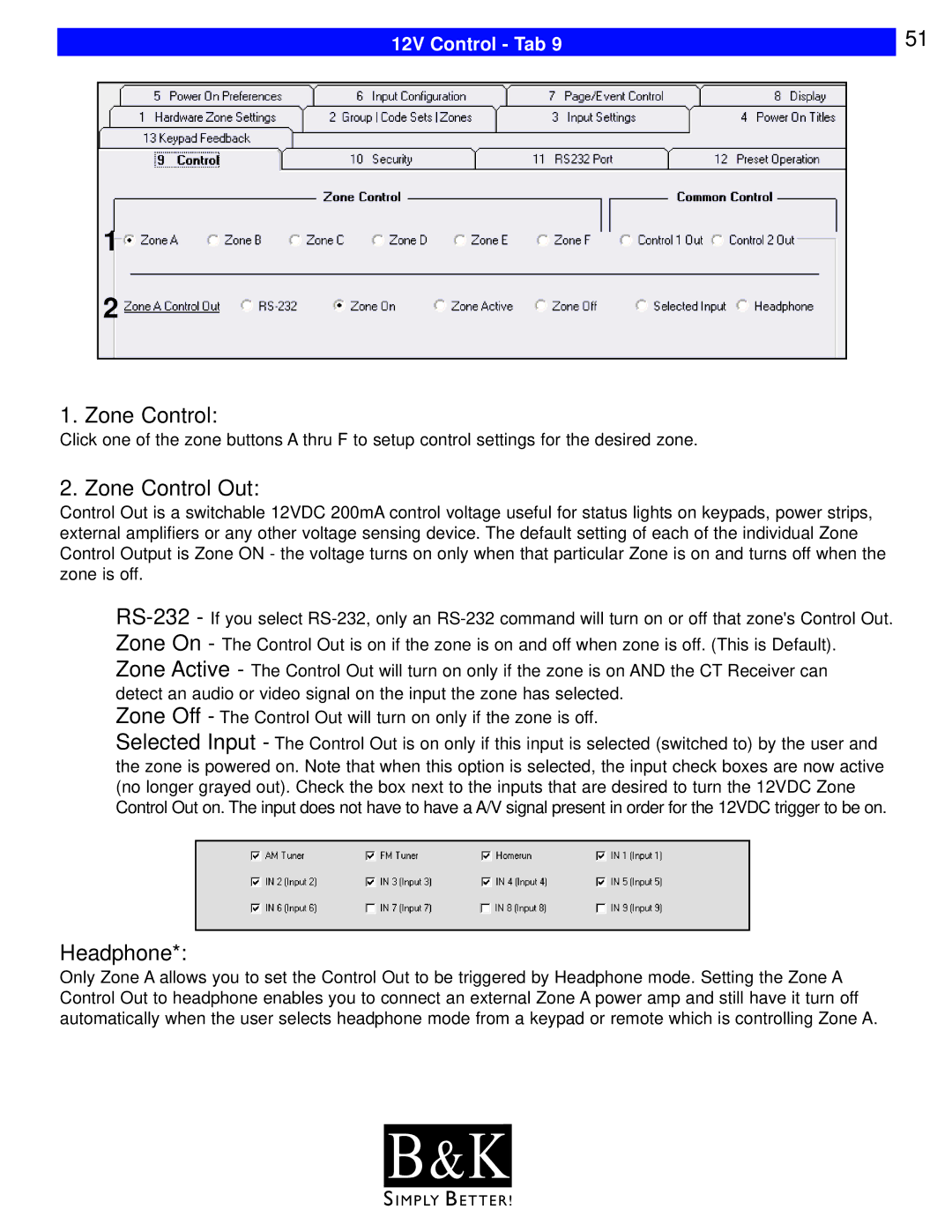 B&K CT600, CT602, CT310, CT610, CT300 user manual Zone Control Out, Headphone, 12V Control Tab 