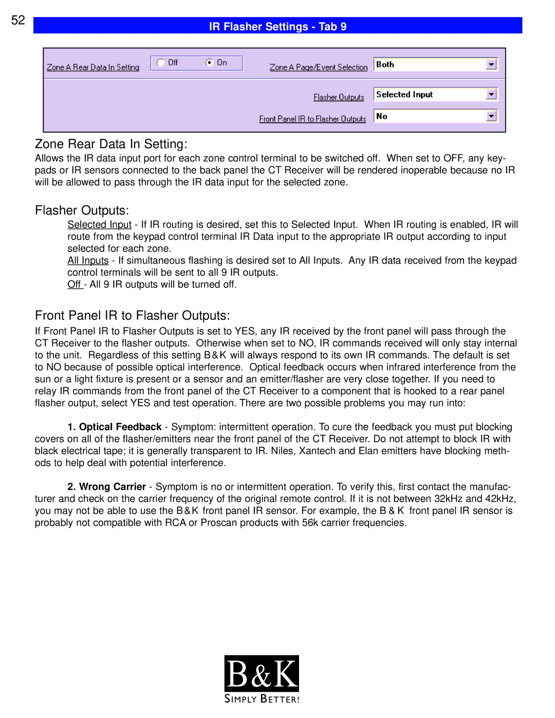 B&K CT602, CT600, CT310, CT610 Zone Rear Data In Setting, Front Panel IR to Flasher Outputs, IR Flasher Settings Tab 