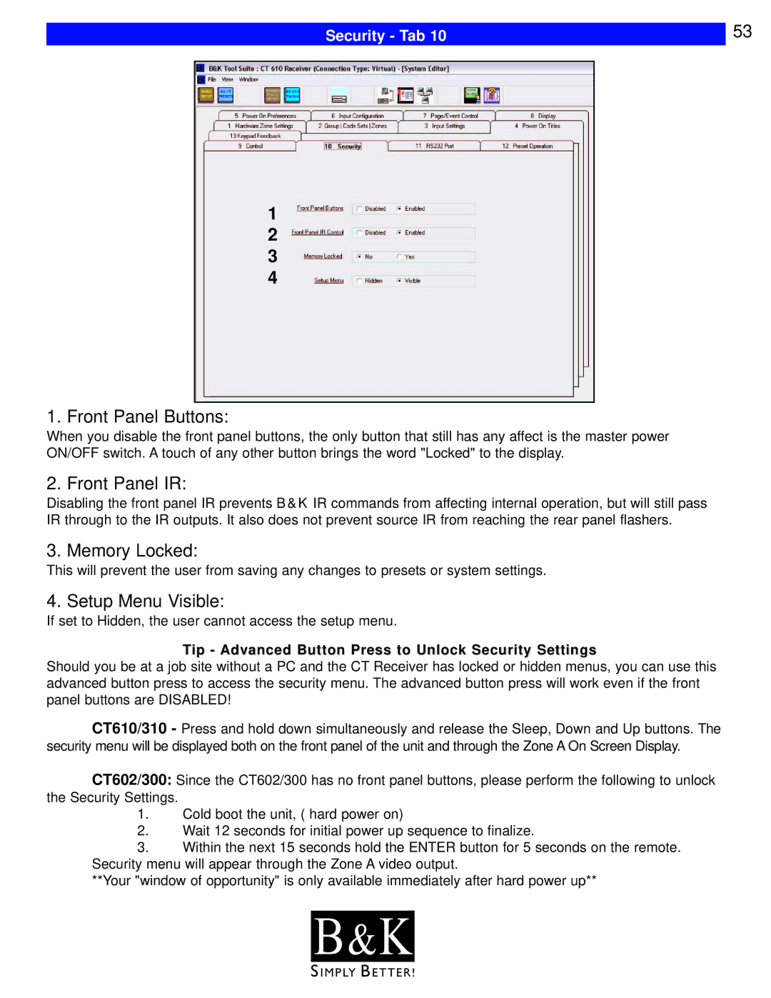 B&K CT310, CT600, CT602, CT610, CT300 Front Panel Buttons, Front Panel IR, Memory Locked, Setup Menu Visible, Security Tab 