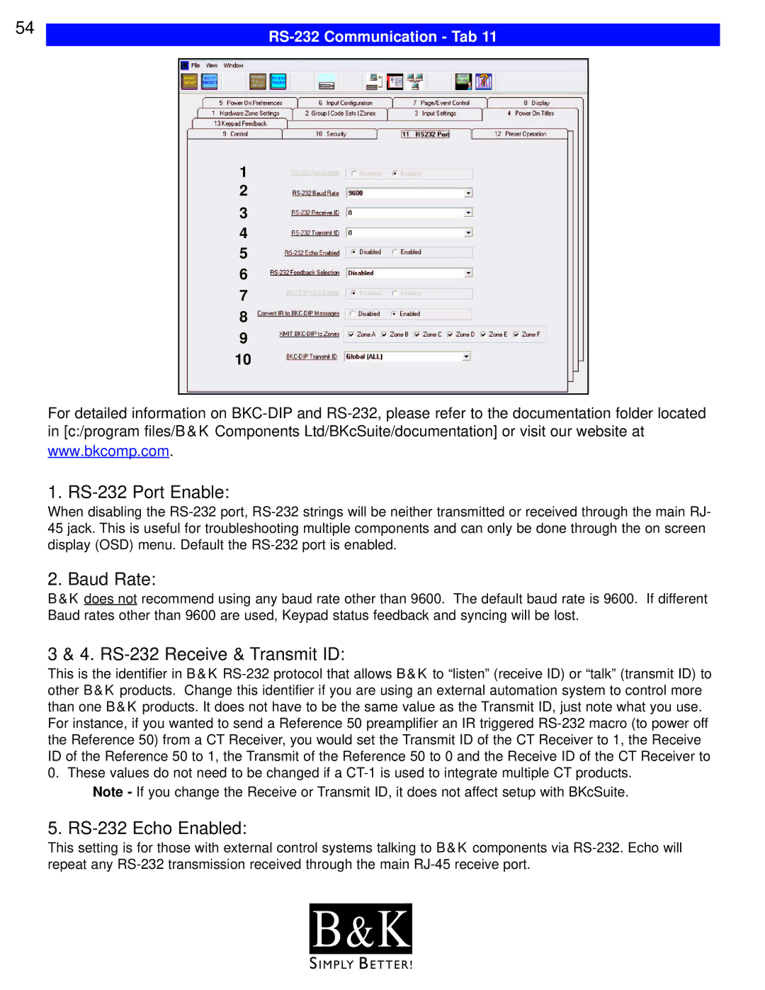 B&K CT610 RS-232 Port Enable, Baud Rate, RS-232 Receive & Transmit ID, RS-232 Echo Enabled, RS-232 Communication Tab 