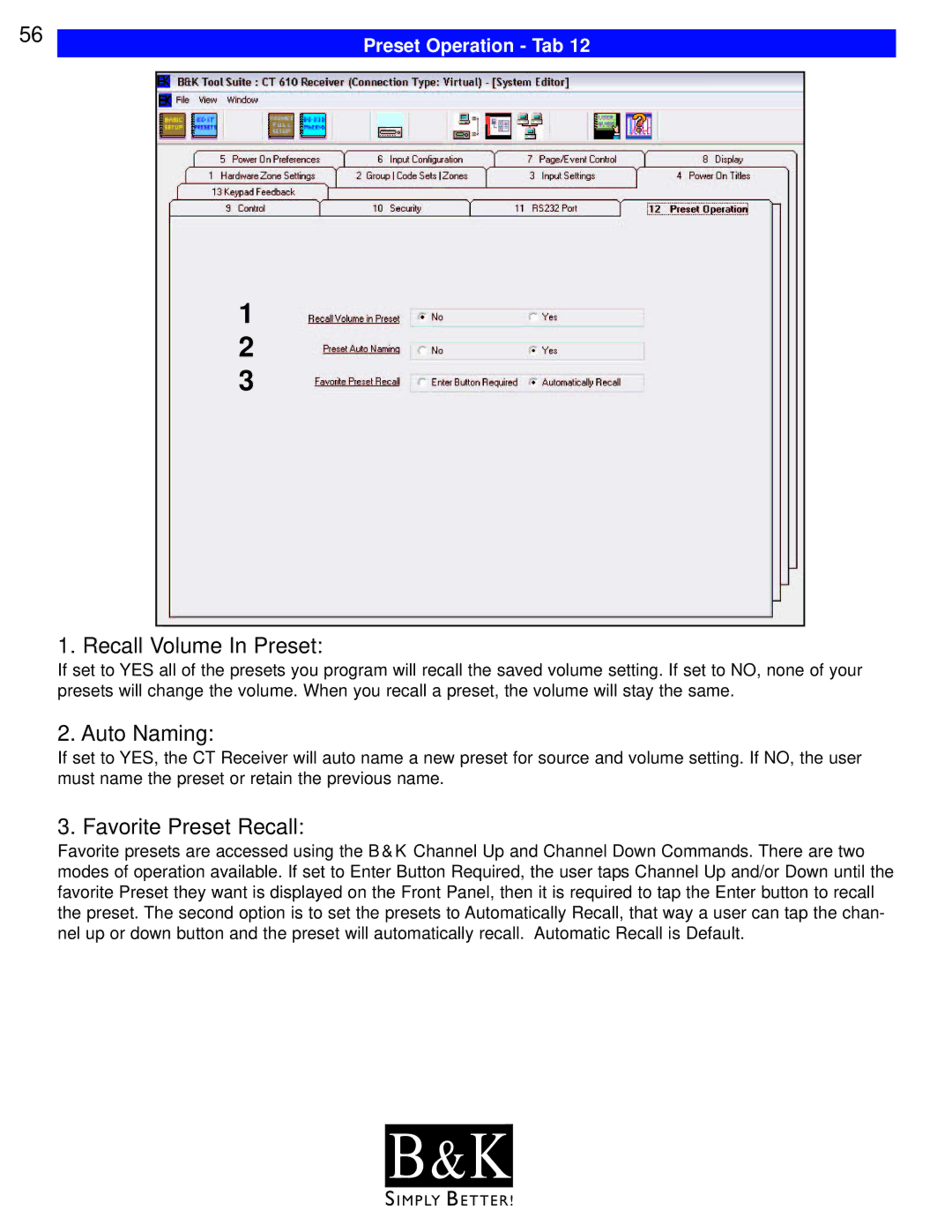 B&K CT600, CT602, CT310, CT610, CT300 Recall Volume In Preset, Auto Naming, Favorite Preset Recall, Preset Operation Tab 