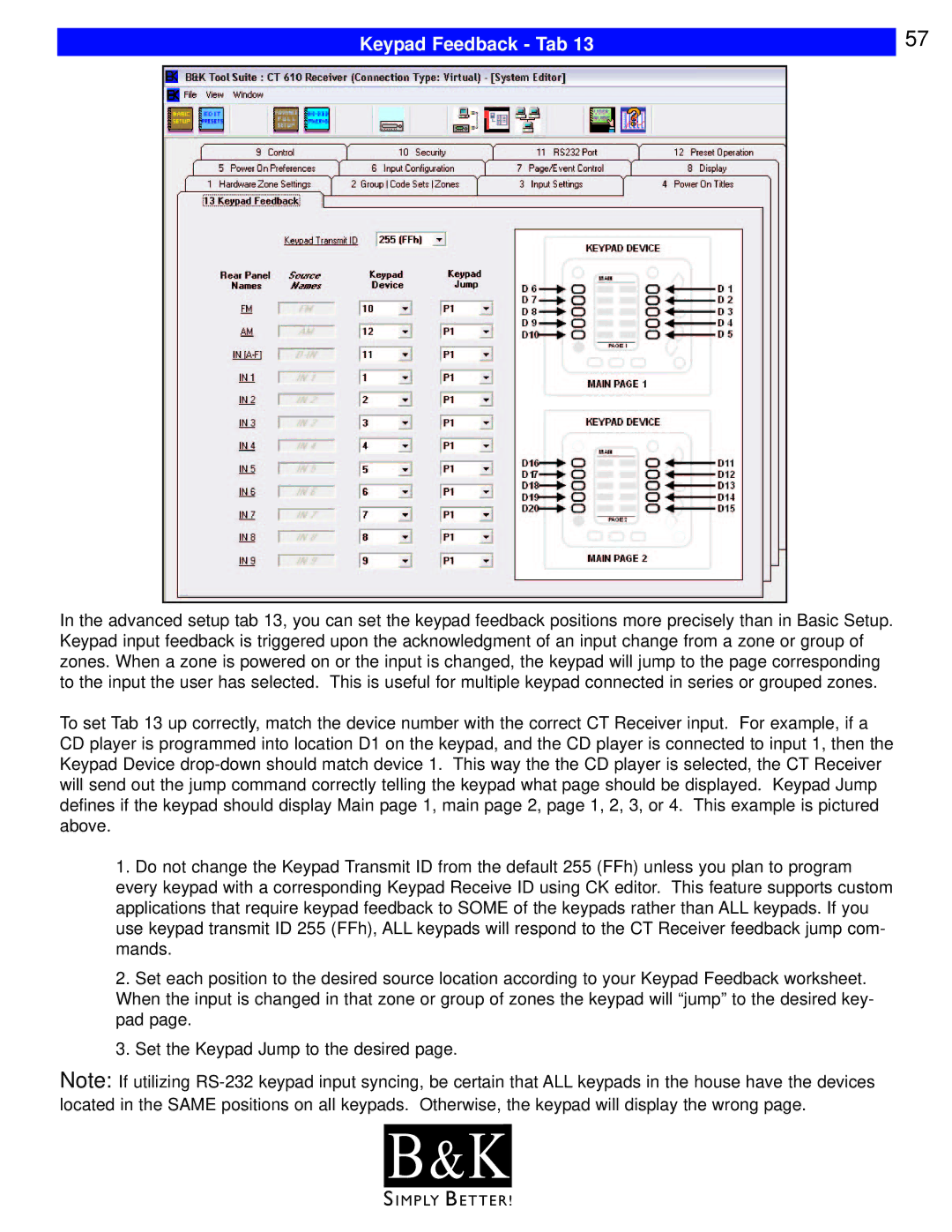 B&K CT602, CT600, CT310, CT610, CT300 user manual Keypad Feedback Tab 