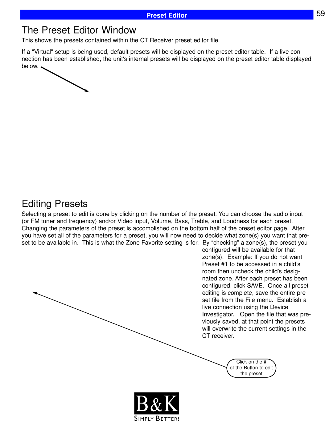 B&K CT610, CT600, CT602, CT310, CT300 user manual Preset Editor Window, Editing Presets 