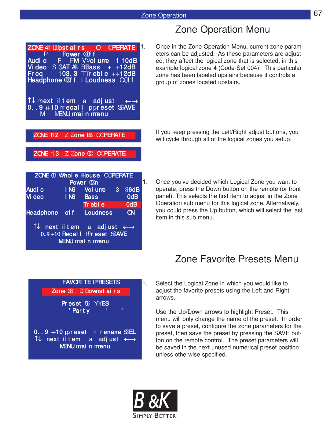 B&K CT602, CT600, CT310, CT610, CT300 user manual Zone Favorite Presets Menu, Zone Operation 