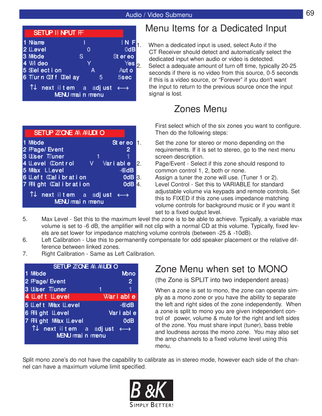 B&K CT610, CT600, CT602, CT310, CT300 Menu Items for a Dedicated Input, Zone Menu when set to Mono, Audio / Video Submenu 