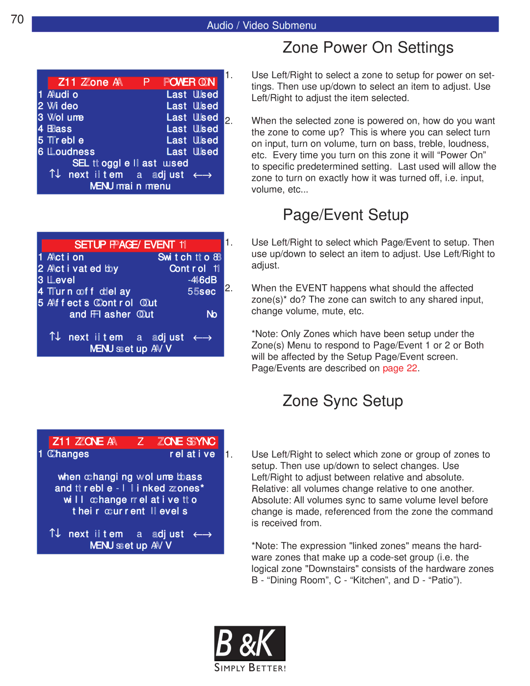 B&K CT300, CT600, CT602, CT310, CT610 user manual Zone Power On Settings, Page/Event Setup 