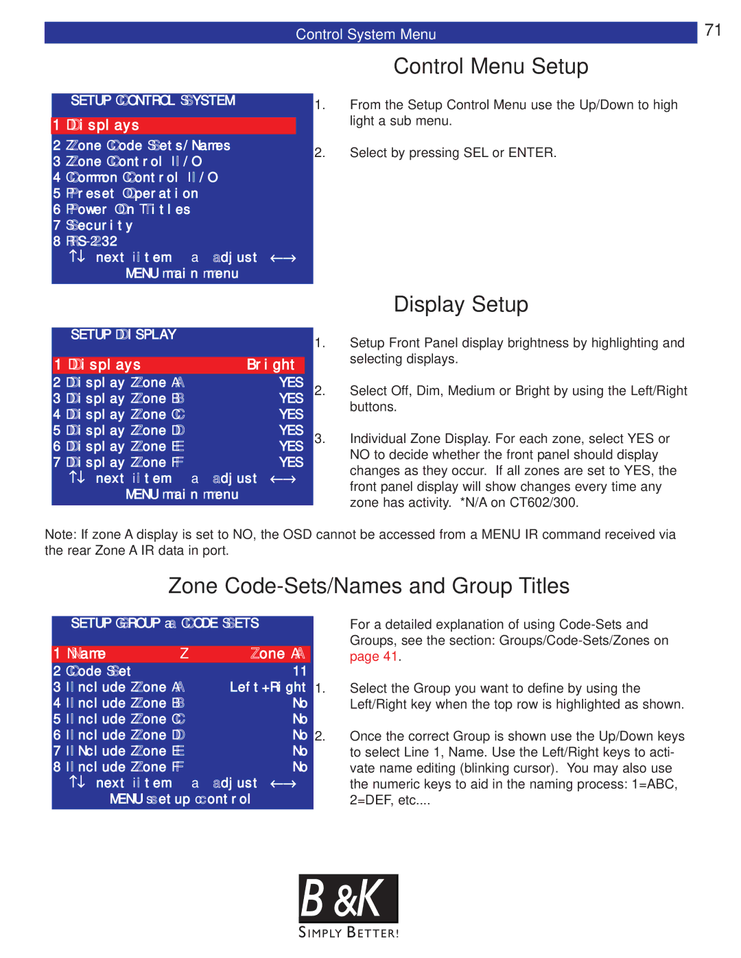 B&K CT600, CT602, CT310, CT610 Control Menu Setup, Display Setup, Zone Code-Sets/Names and Group Titles, Control System Menu 