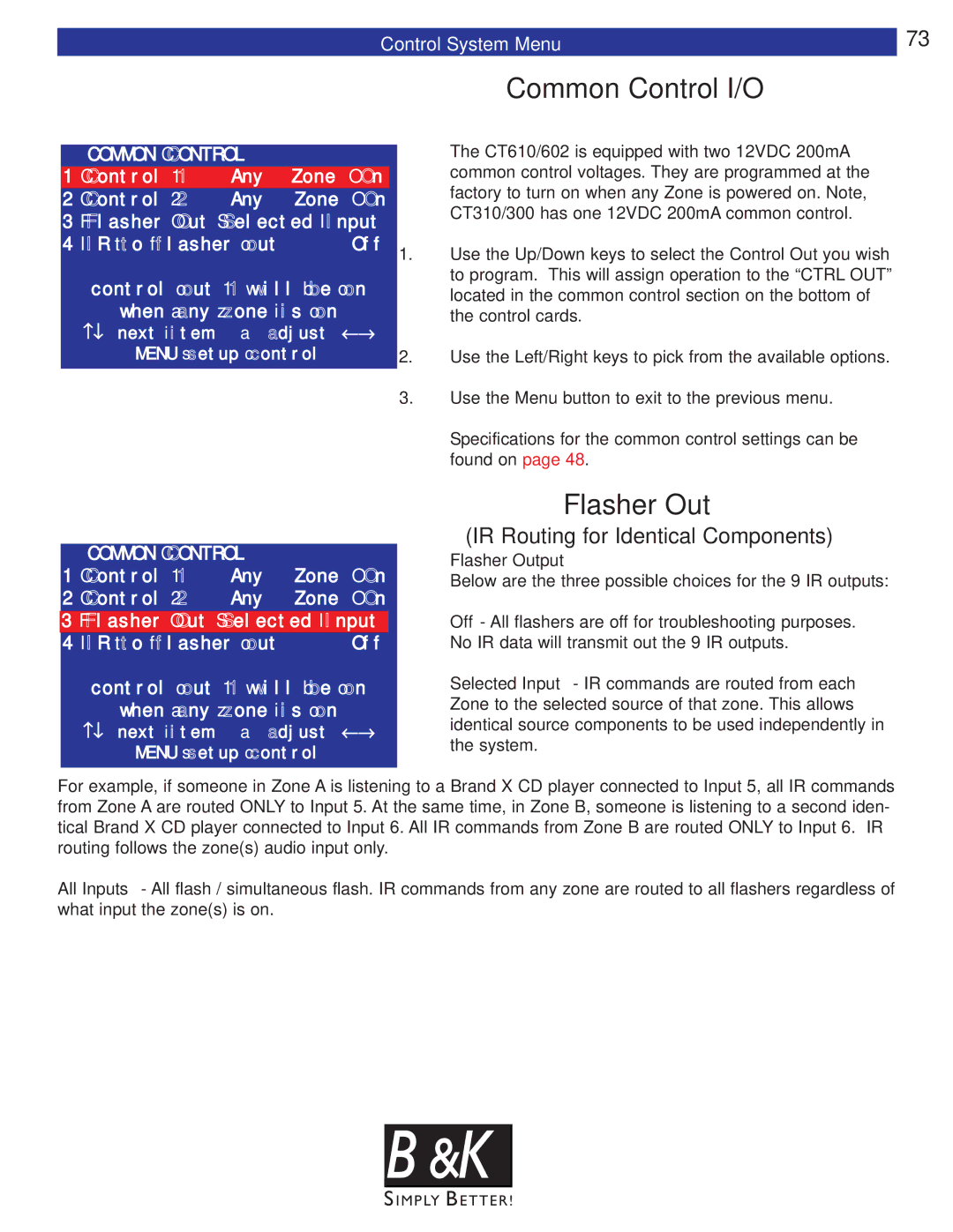 B&K CT310, CT600, CT602, CT610, CT300 user manual Common Control I/O, IR Routing for Identical Components, Flasher Output 