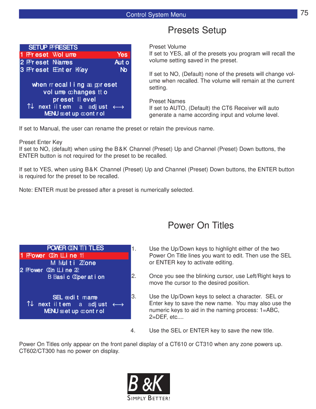 B&K CT300, CT600, CT602, CT310, CT610 user manual Presets Setup, Power On Titles, Preset Volume, Preset Names, Preset Enter Key 