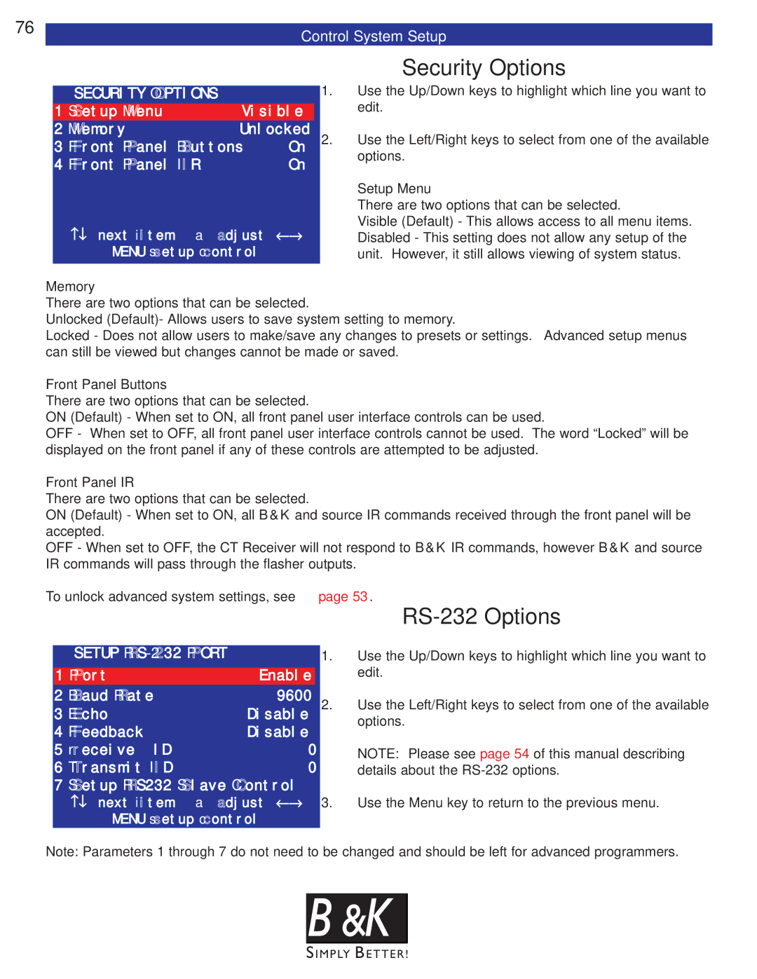 B&K CT600, CT602, CT310, CT610, CT300 user manual Security Options, RS-232 Options, Control System Setup 