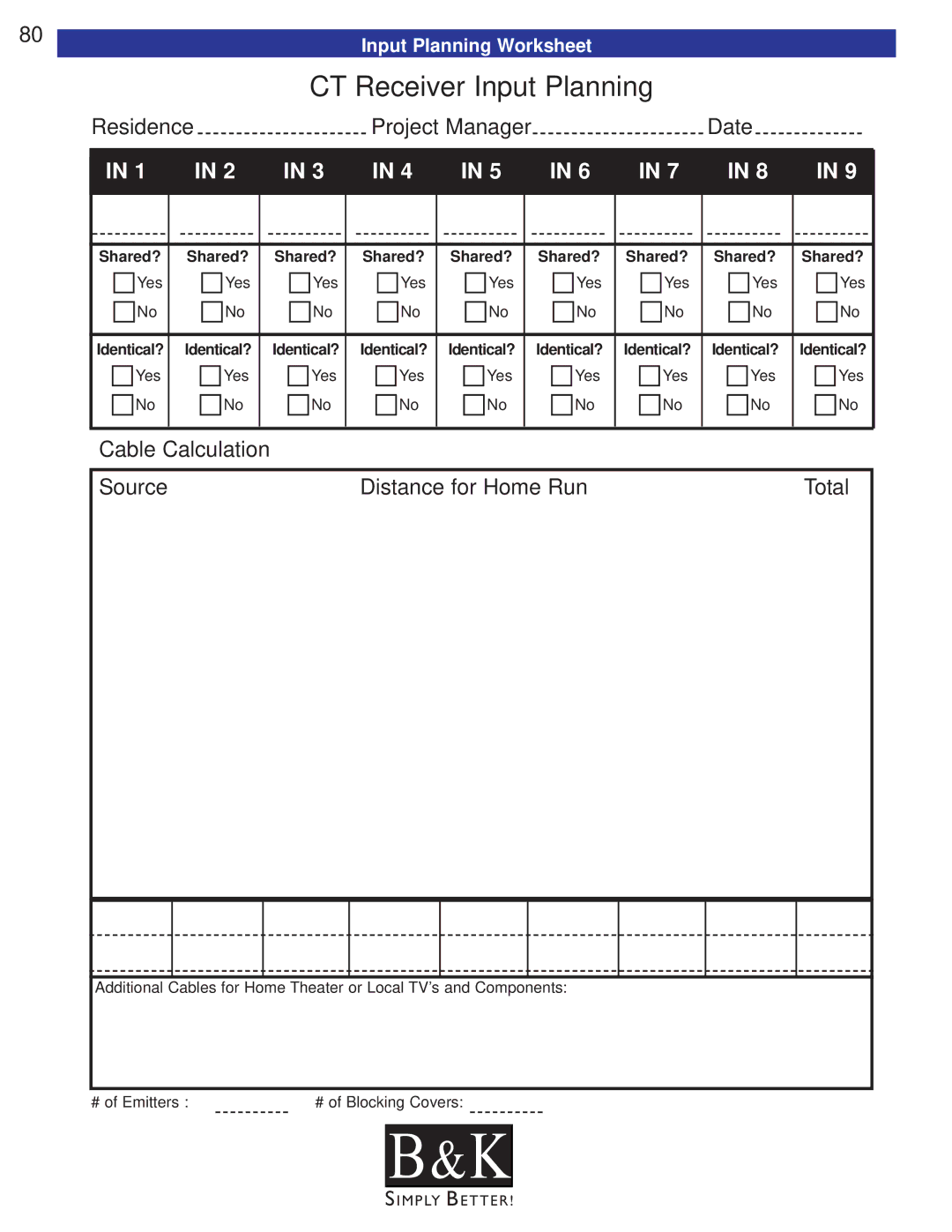 B&K CT300 CT Receiver Input Planning, Cable Calculation Source Distance for Home Run Total, Input Planning Worksheet 