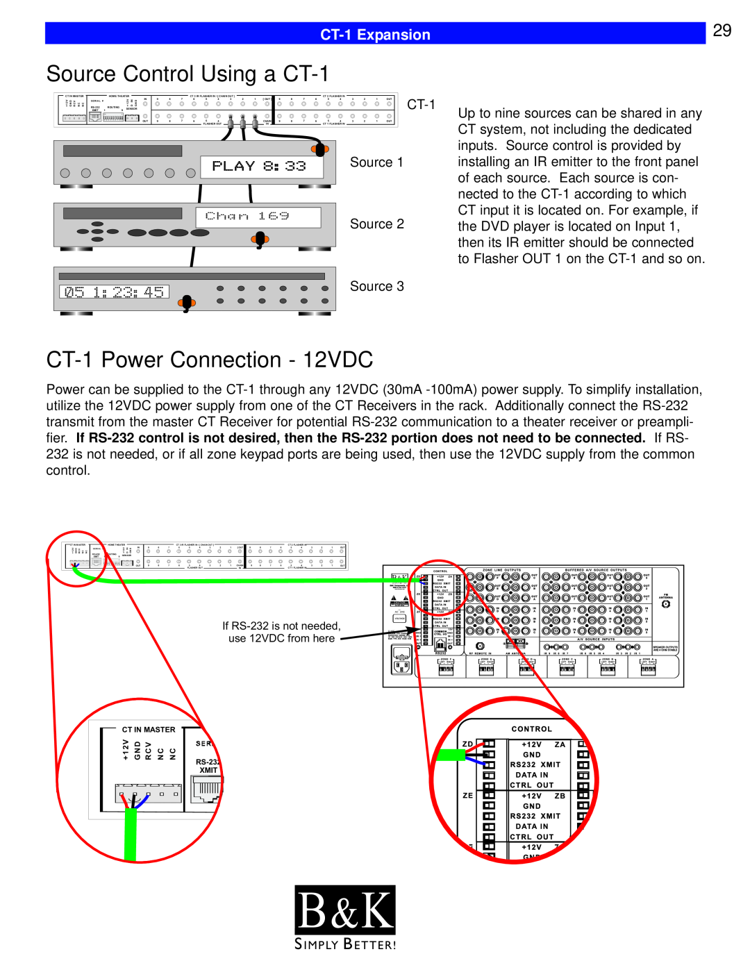 B&K CT610, CT600, CT602, CT310, CT300 Source Control Using a CT-1, CT-1Power Connection - 12VDC, B & K, CT-1Expansion 