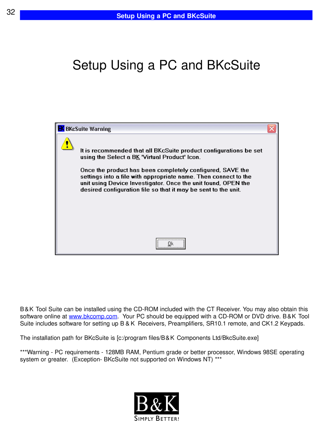 B&K CT602, CT600, CT310, CT610, CT300 user manual Setup Using a PC and BKcSuite, B & K 