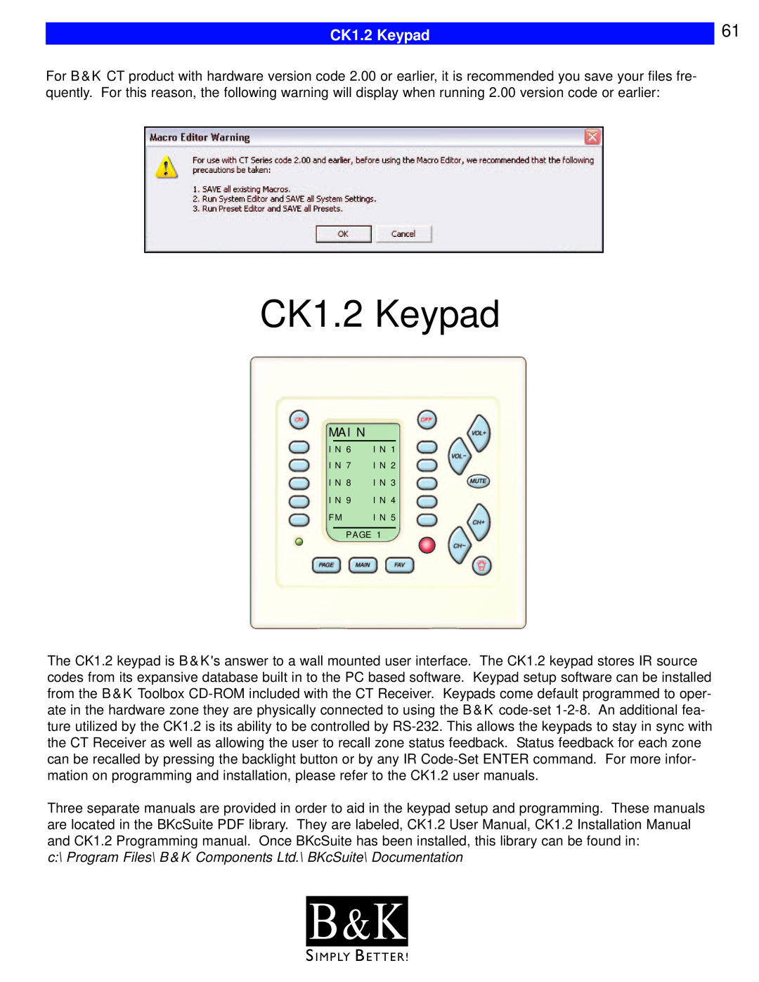 B&K CT600, CT602, CT310, CT610, CT300 user manual B & K, CK1.2 Keypad 