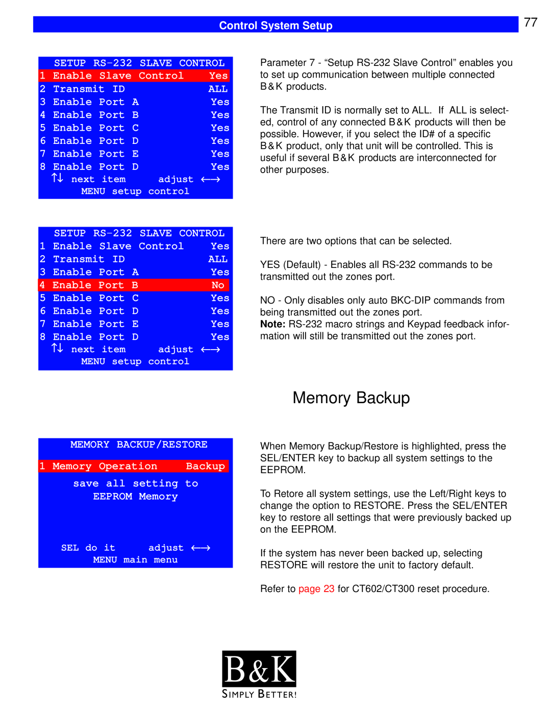 B&K CT602, CT600, CT310, CT610, CT300 user manual Memory Backup, B & K, Control System Setup 