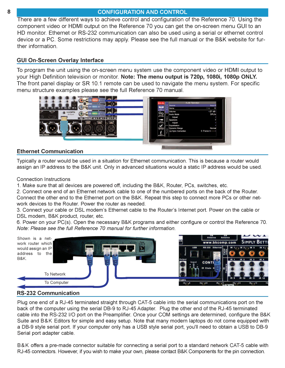 B&K HT 70 manual Configuration and Control, GUI On-Screen Overlay Interface, Ethernet Communication, RS-232 Communication 