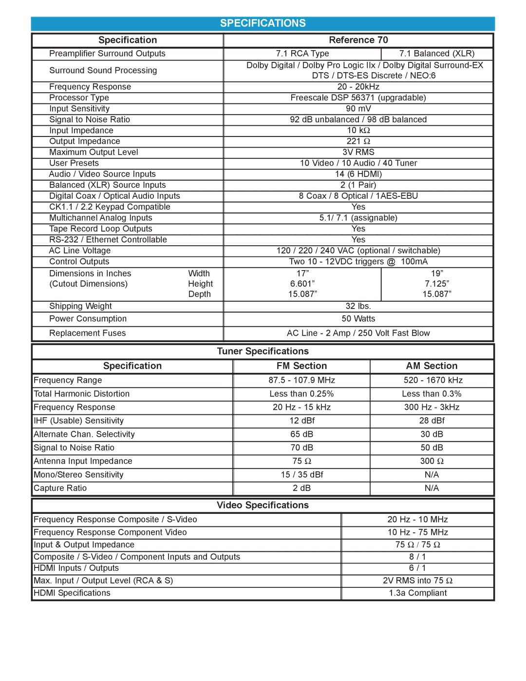 B&K HT 70 manual Specifications, Specification Reference 