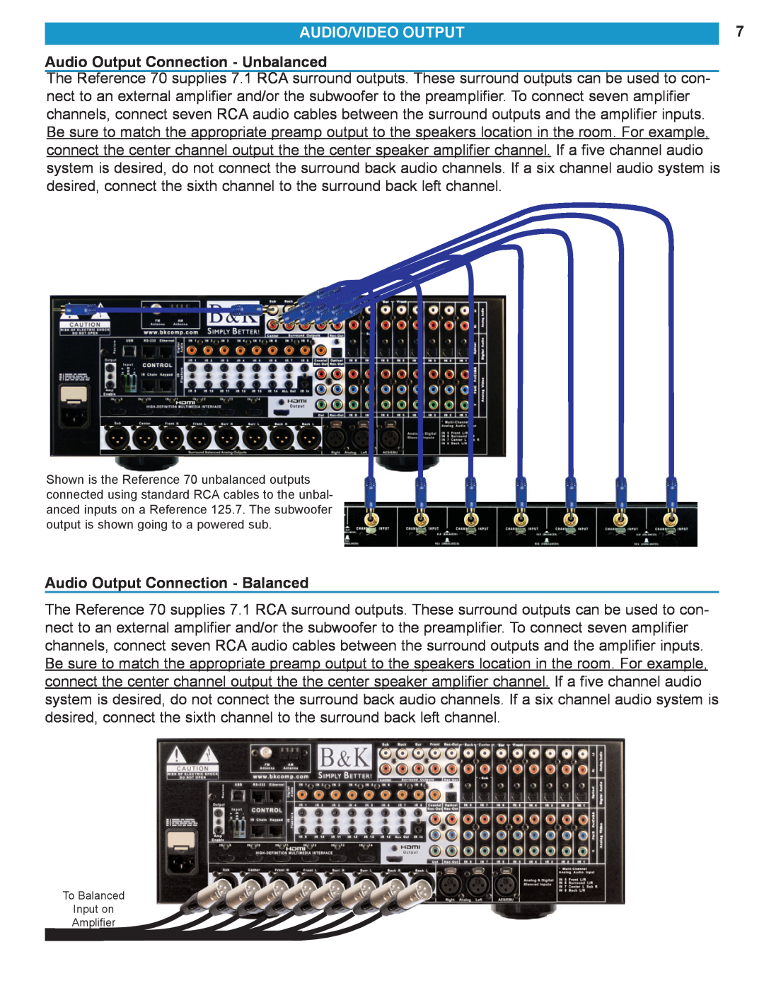 B&K HT 70 manual Audio/Video Output, Audio Output Connection - Unbalanced, Audio Output Connection - Balanced 
