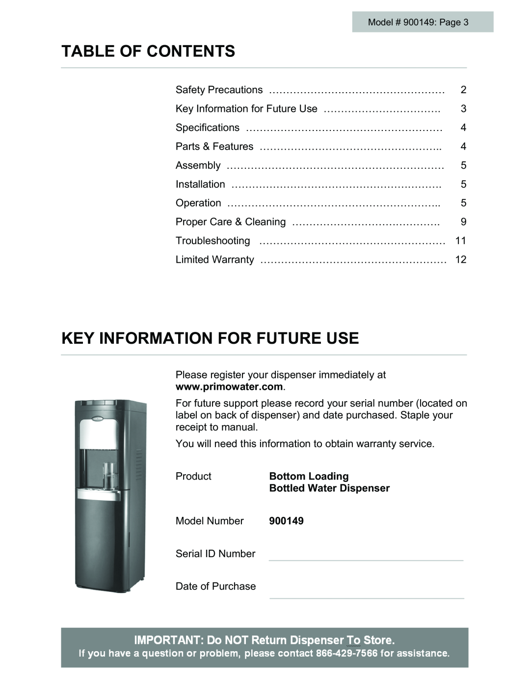 Black & Decker # 900149 user manual Table Of Contents, Key Information For Future Use, Product, Bottom Loading 