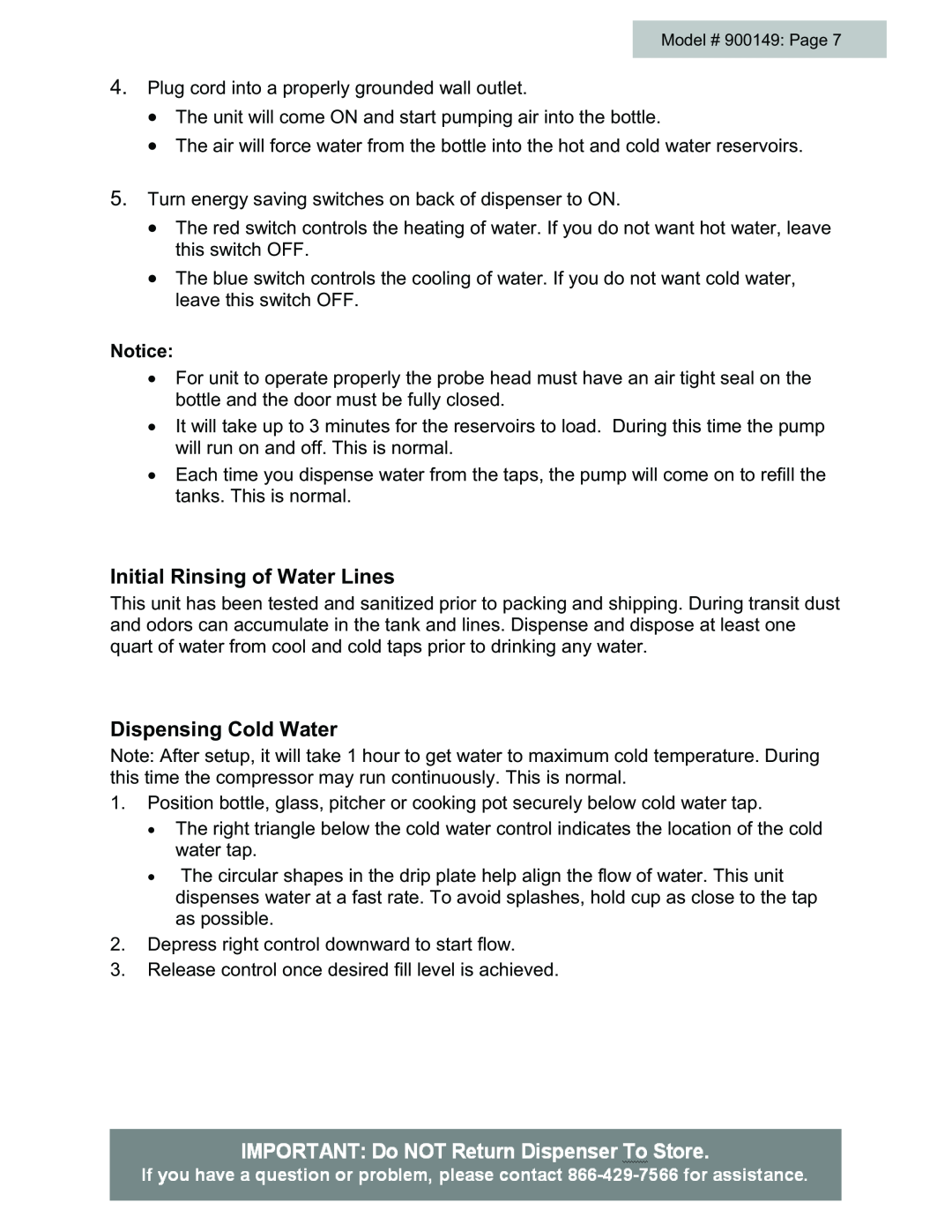 Black & Decker # 900149 user manual Initial Rinsing of Water Lines, Dispensing Cold Water 