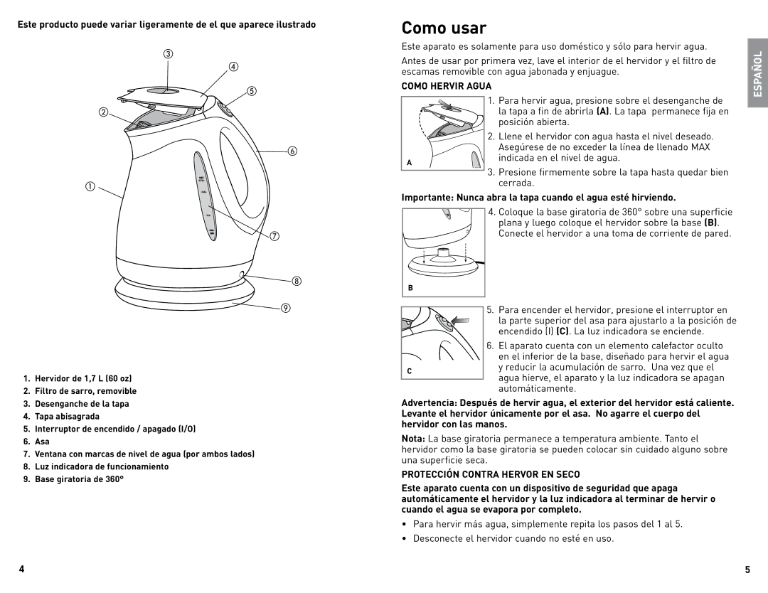 Black & Decker 11-4-12S, 11-4-12e manual Como usar, Como Hervir Agua, Protección Contra Hervor EN Seco 