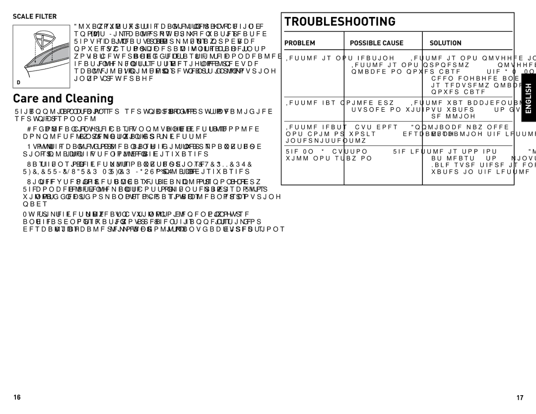 Black & Decker 11-4-12S, 11-4-12e manual Care and Cleaning, Scale Filter, Problem Possible Cause Solution 