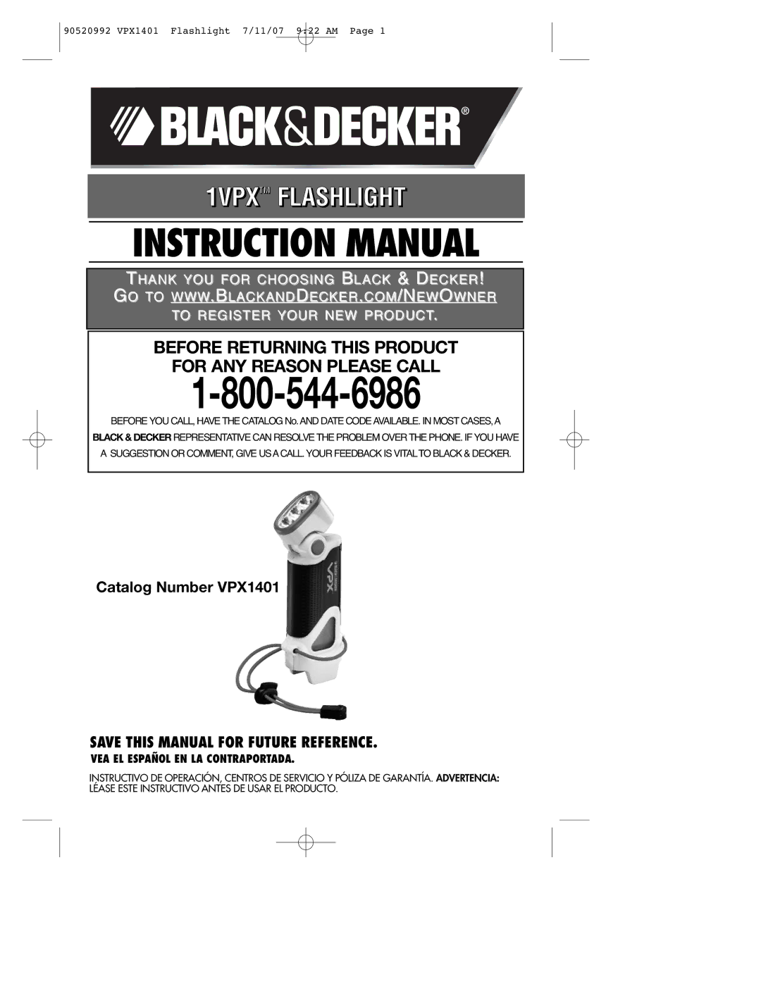 Black & Decker 1VPX instruction manual Save this Manual for Future Reference, VEA EL Español EN LA Contraportada 