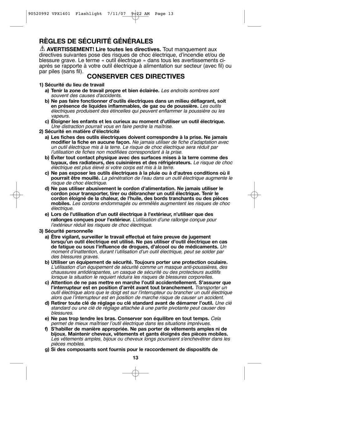 Black & Decker 1VPX instruction manual Règles DE Sécurité Générales, Conserver CES Directives 