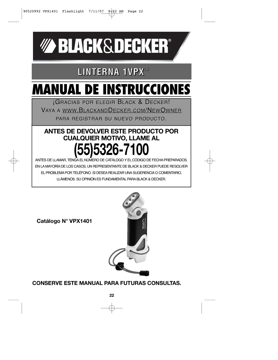 Black & Decker 1VPX instruction manual Manual DE Instrucciones, Conserve Este Manual Para Futuras Consultas 