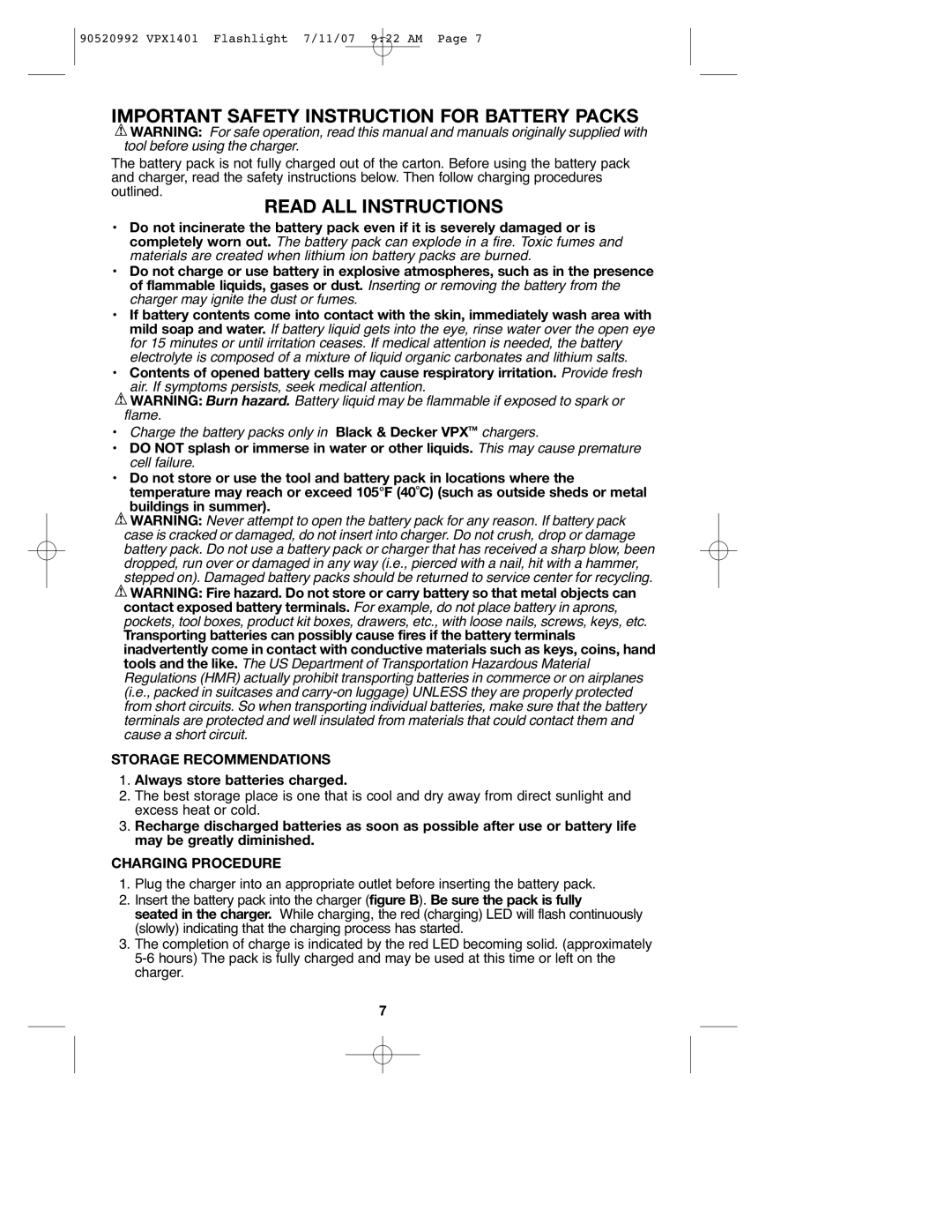 Black & Decker 1VPX Important Safety Instruction for Battery Packs, Read ALL Instructions, Storage Recommendations 