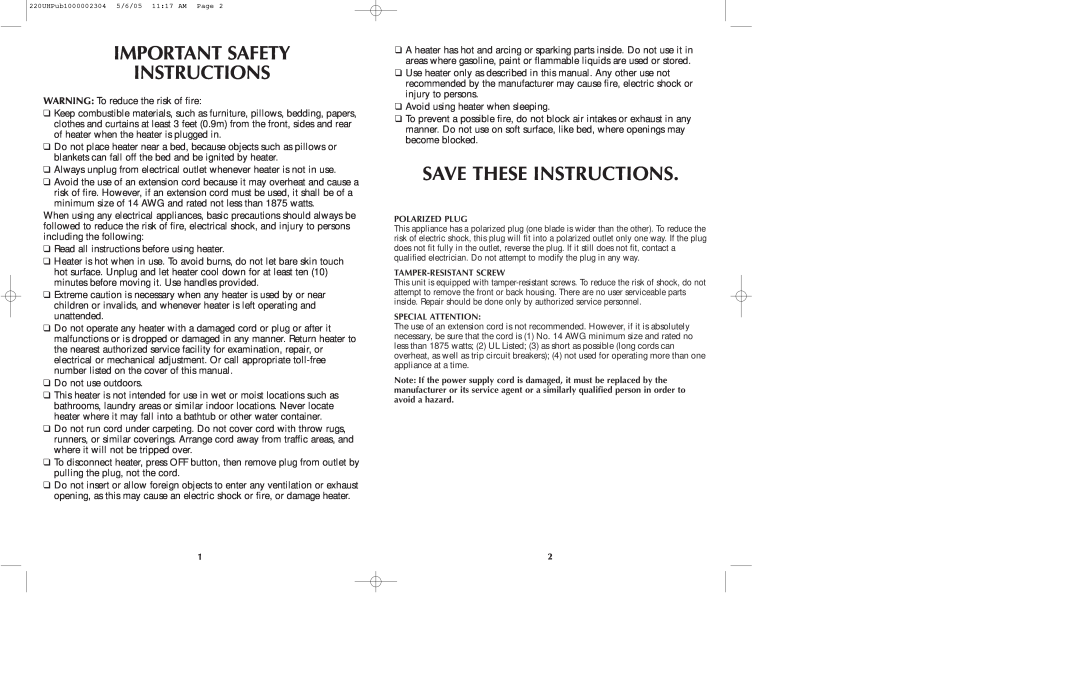 Black & Decker 220UH manual Important Safety Instructions, Save These Instructions 