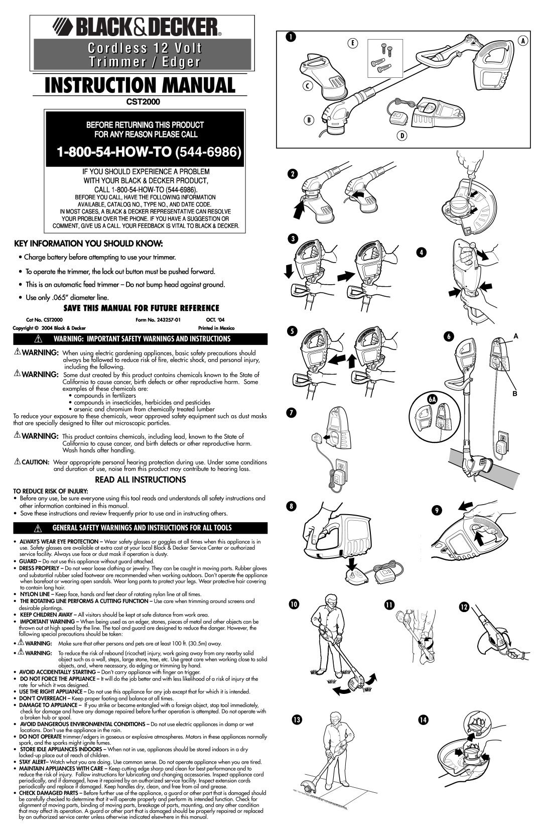 Black & Decker 243257-01 instruction manual Cordless 12 Volt Trimmer / Edger, CST2000, Key Information You Should Know 