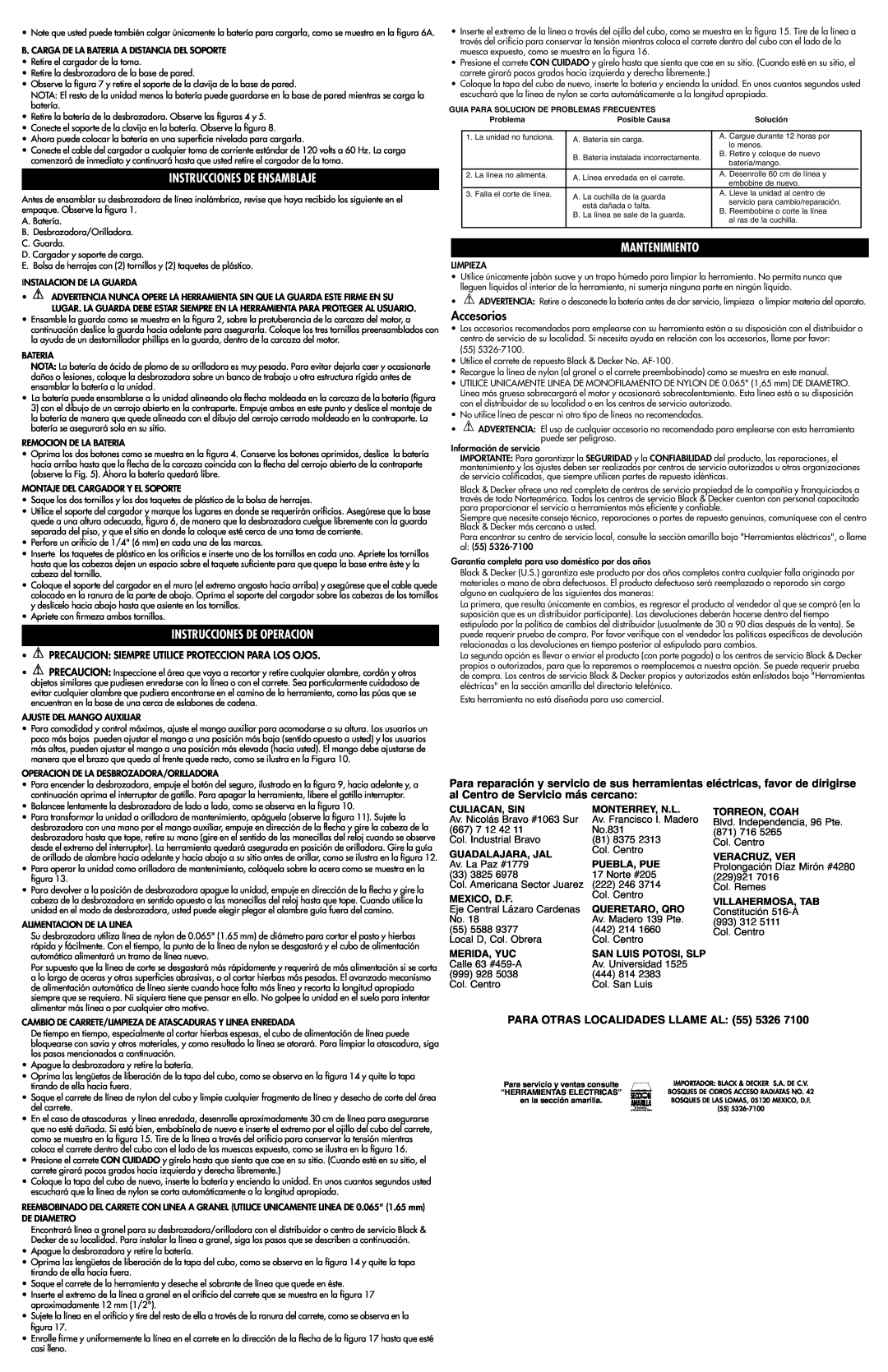 Black & Decker 243257-01 Instrucciones De Ensamblaje, Instrucciones De Operacion, Mantenimiento, Accesorios 