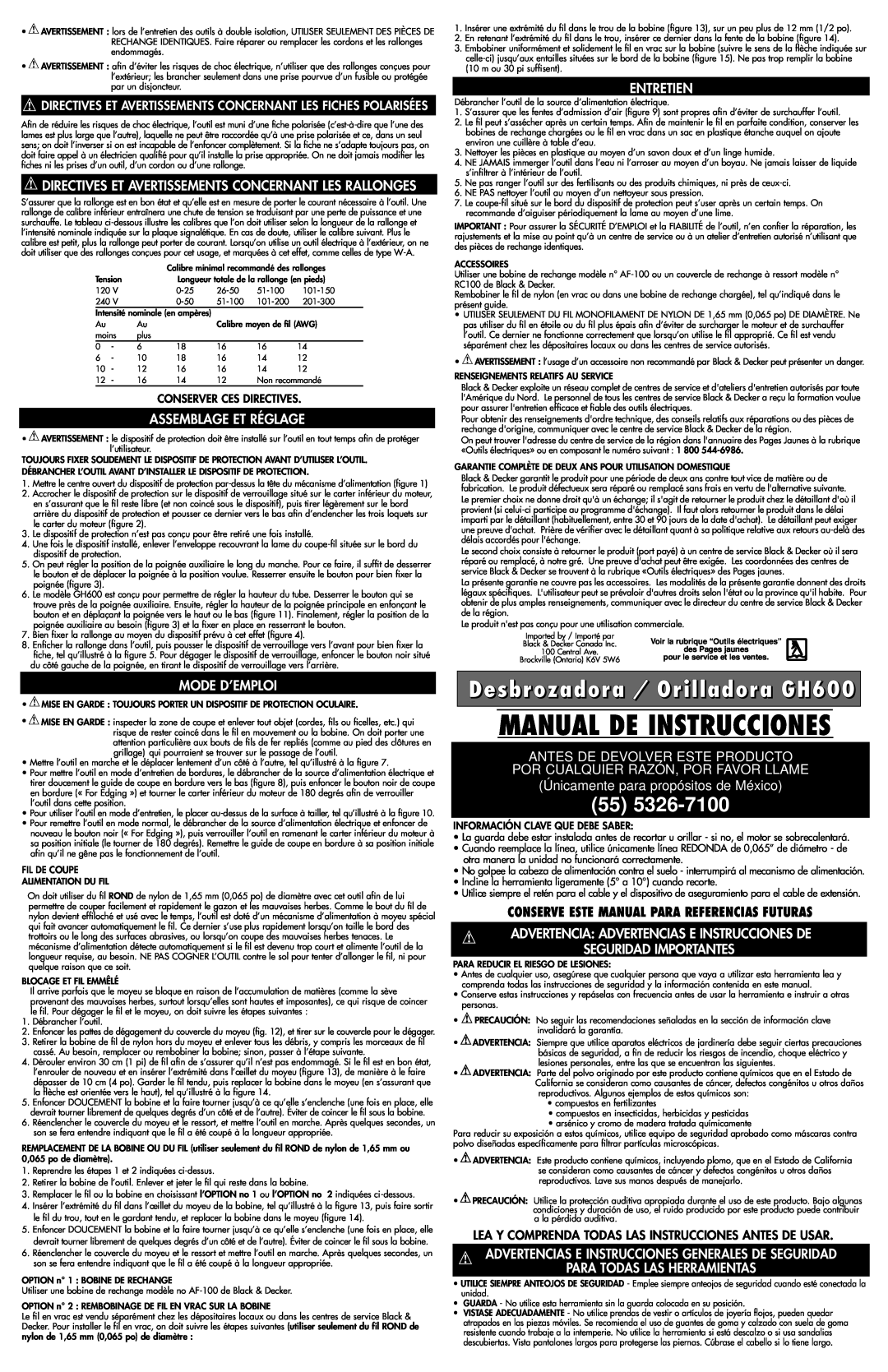 Black & Decker 244137-01 Manual De Instrucciones, Desbrozadora / Orilladora GH600, Assemblage Et Réglage, Mode D’Emploi 