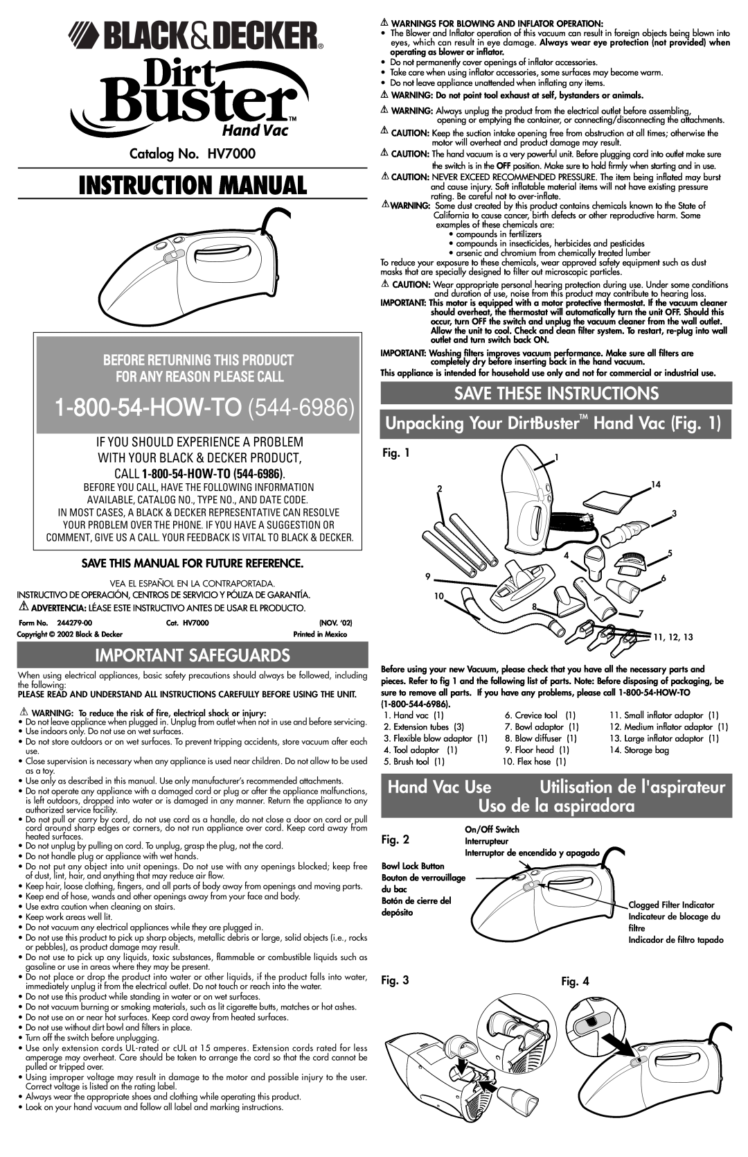 Black & Decker instruction manual Important Safeguards, Hand Vac Use, Uso de la aspiradora, Catalog No. HV7000 
