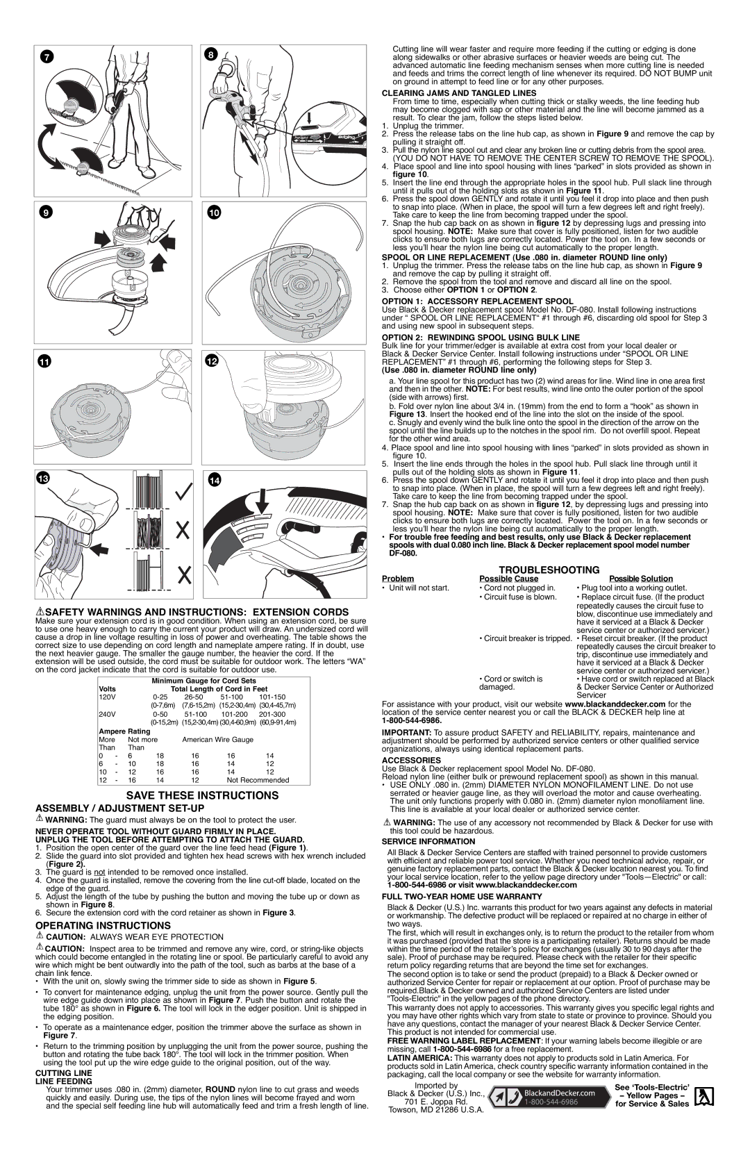 Black & Decker 311066C Safety Warnings and Instructions Extension Cords, Assembly / Adjustment SET-UP, Troubleshooting 