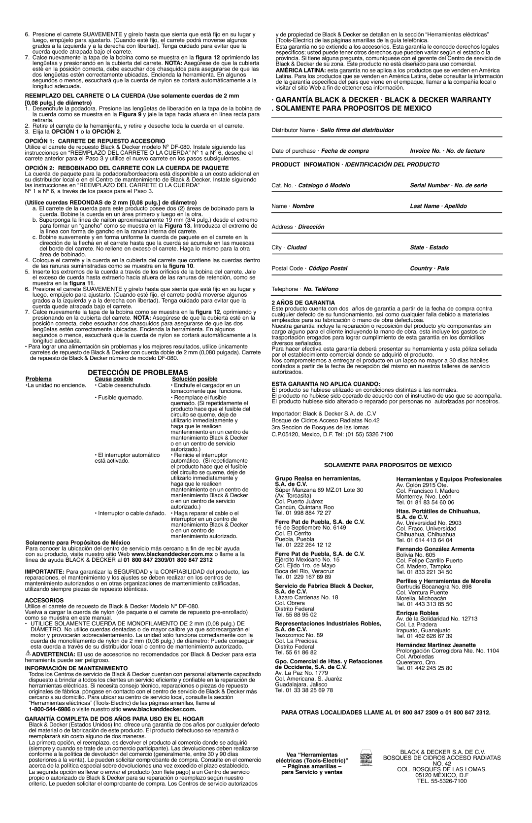 Black & Decker 311066C instruction manual Detección DE Problemas, Información DE Mantenimiento 