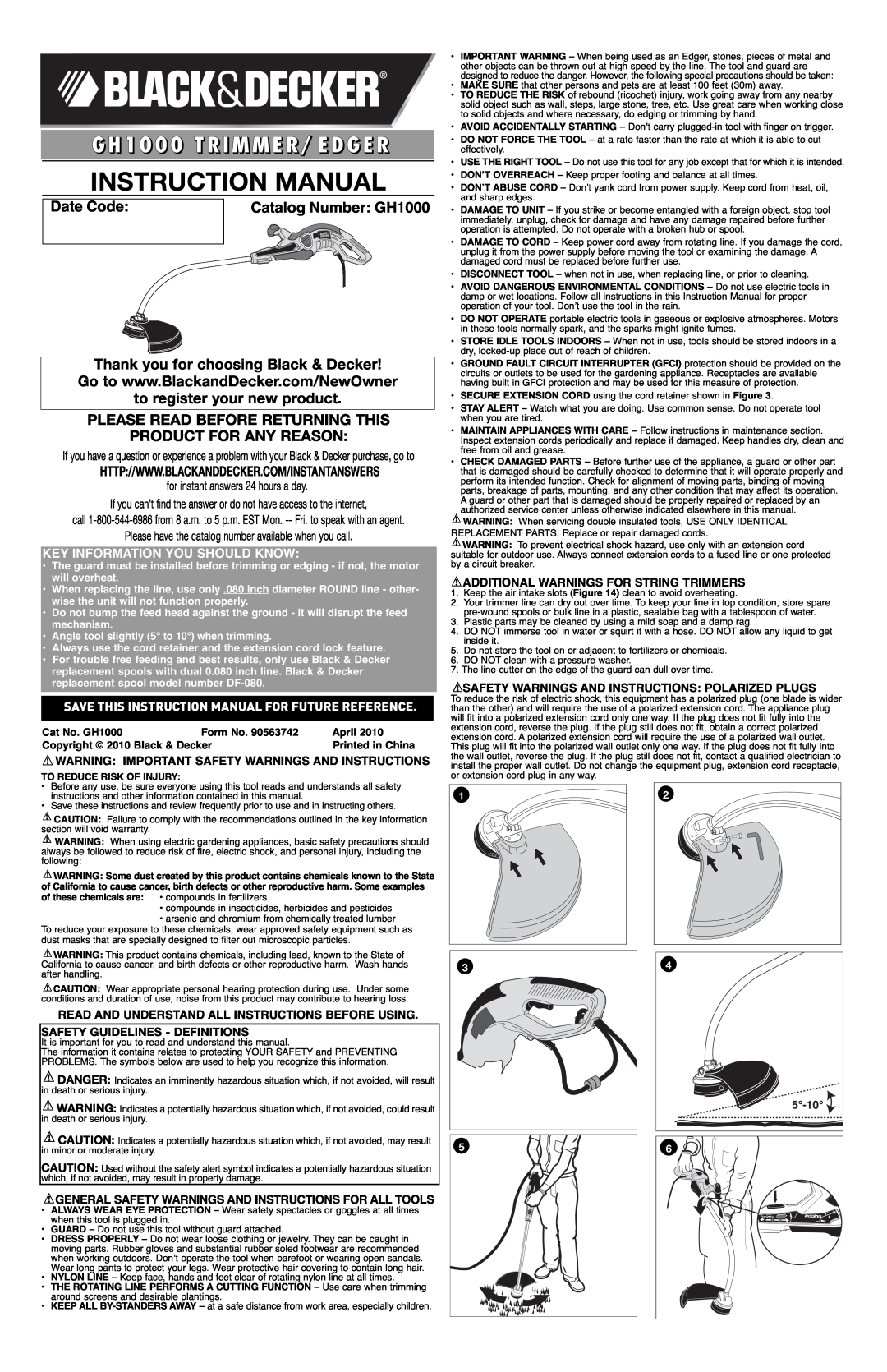 Black & Decker 311066C instruction manual GH1000 TRIMMER/EDGER, Thank you for choosing Black & Decker, Date Code, Form No 