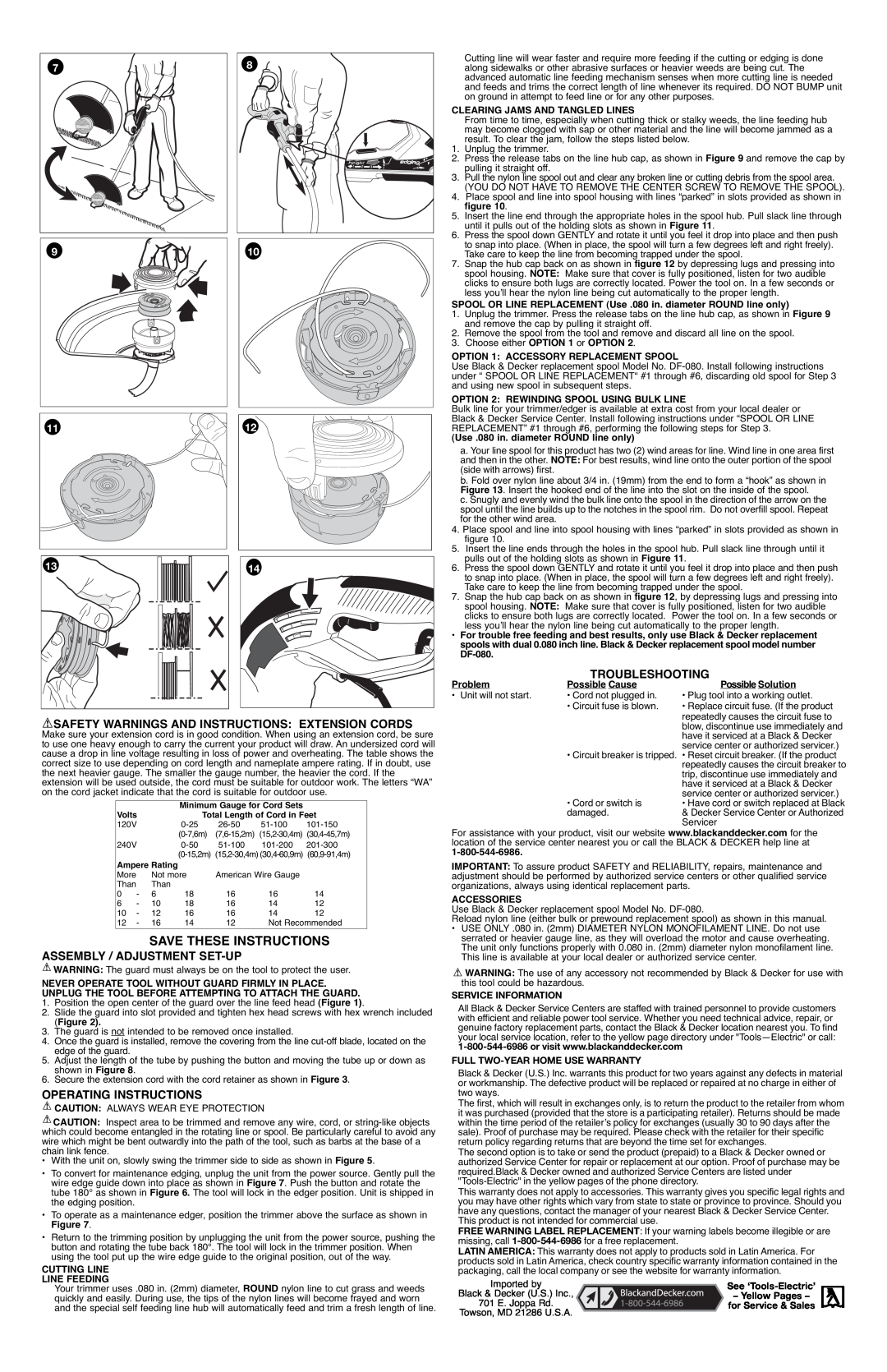 Black & Decker 311066C Safety Warnings And Instructions Extension Cords, Assembly / Adjustment Set-Up, Troubleshooting 