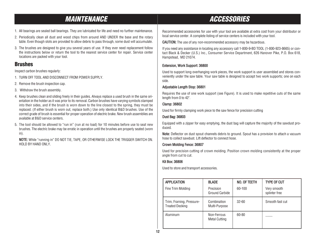 Black & Decker 3680 instruction manual Maintenance, Accessories, Brushes, Application Blade NO. of Teeth Type of CUT 