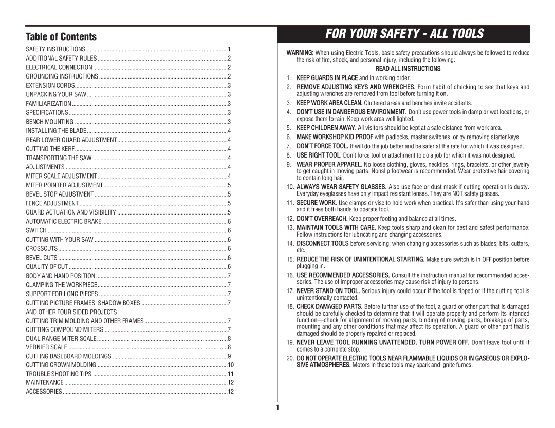 Black & Decker 3680 12" Compound Miter Saw instruction manual For Your Safety ALL Tools, Table of Contents 