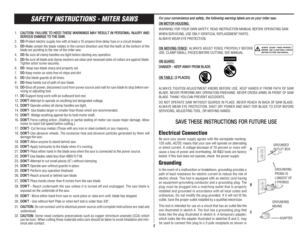 Black & Decker 3680 Electrical Connection, Grounding, On Motor Housing Serious Damage to the SAW, On Guard, On Places 