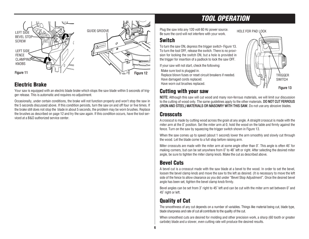 Black & Decker 3680 12" Compound Miter Saw instruction manual Tool Operation 